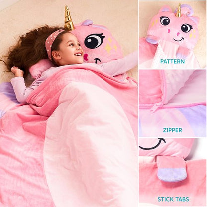 JOIEDOMI Kids Sleeping Bag Toddler Nap Mat with Pillow & Blanket 60" x 39" for Kids Ages 3+ Soft Plush Sleeping Mat Unicorn for Preschool and Boys Girls Kindergarten Daycare Sleepover