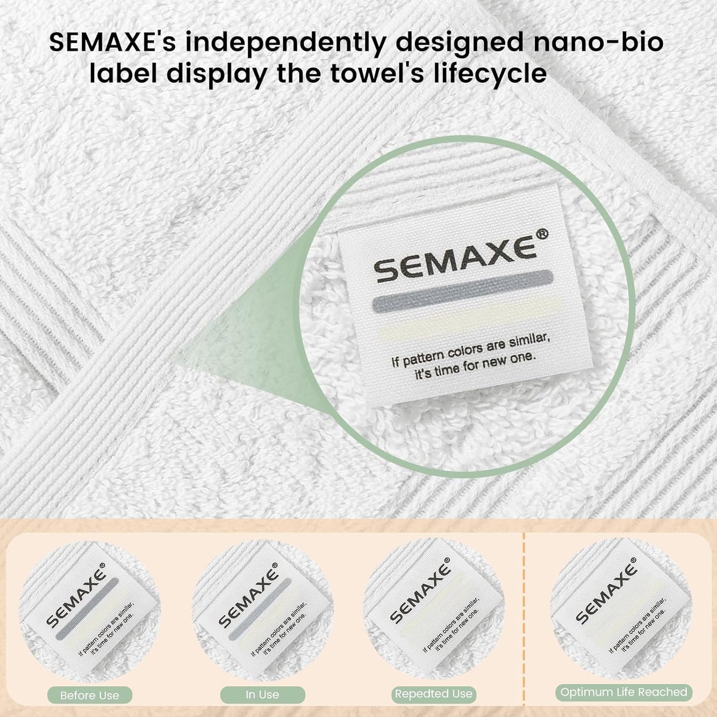 6-Piece Set, 600GSM 100% 2 Packaging, SEMAXE Solid Towel White, Cotton, Each of Bath Towel, Hand Towel, and Washcloths