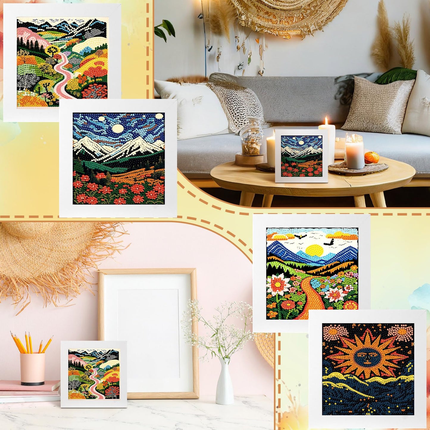 Geyoga 4 Pcs Boho Diamond Painting Kits with Frame Adults Sun and Moon Diamond Art Kits for Adults Beginner Kids Landscape Arts and Crafts Abstract Rhinestone Gem Art Table Decor Gift 7x7inch