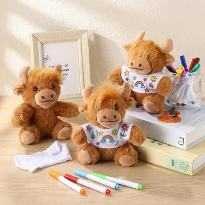 Blueweenly 24 Pcs 6 Sets Make Your Own Stuffed Animal Highland Cow Kit Including 6 Inches Soft Cow Plush with White T Shirt and 12 Colors Pens for Birthday Favors Forest DIY Crafting Gifts