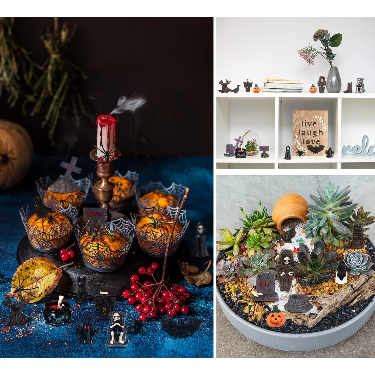 Sonwyoung 58 Pcs Halloween Mini Figurines Set, Plastic Mini Resin Halloween Miniature Landscape Ornaments Decorations for Dollhouse Accessories Garden Village Collections (Bat)