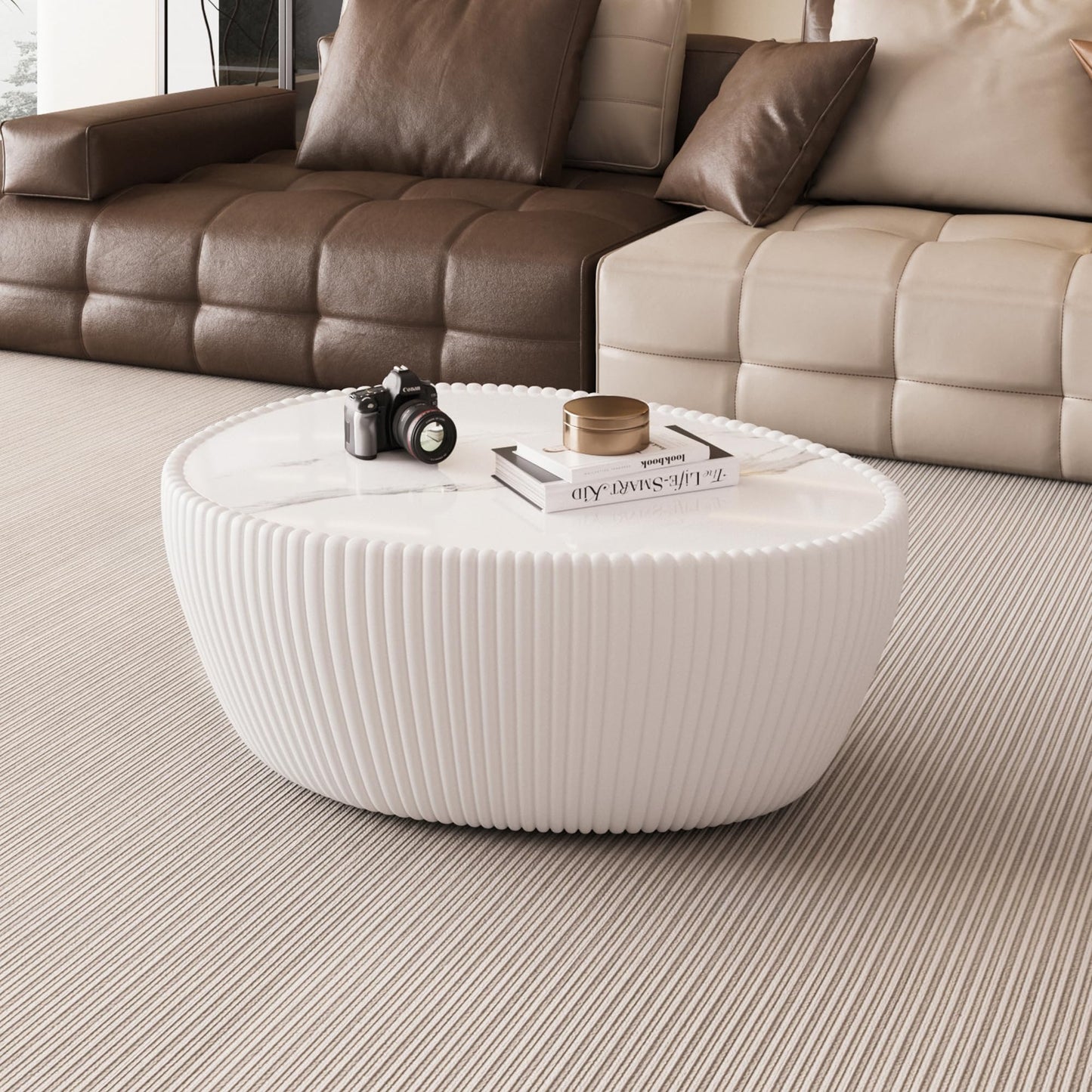KEIKI 32.1" Goose Eggs Shape Coffee Table, Modern Sofa Side Table with Marble Top & Leather Wrap, Small End Table for Living Room, Bedroom, Office, White
