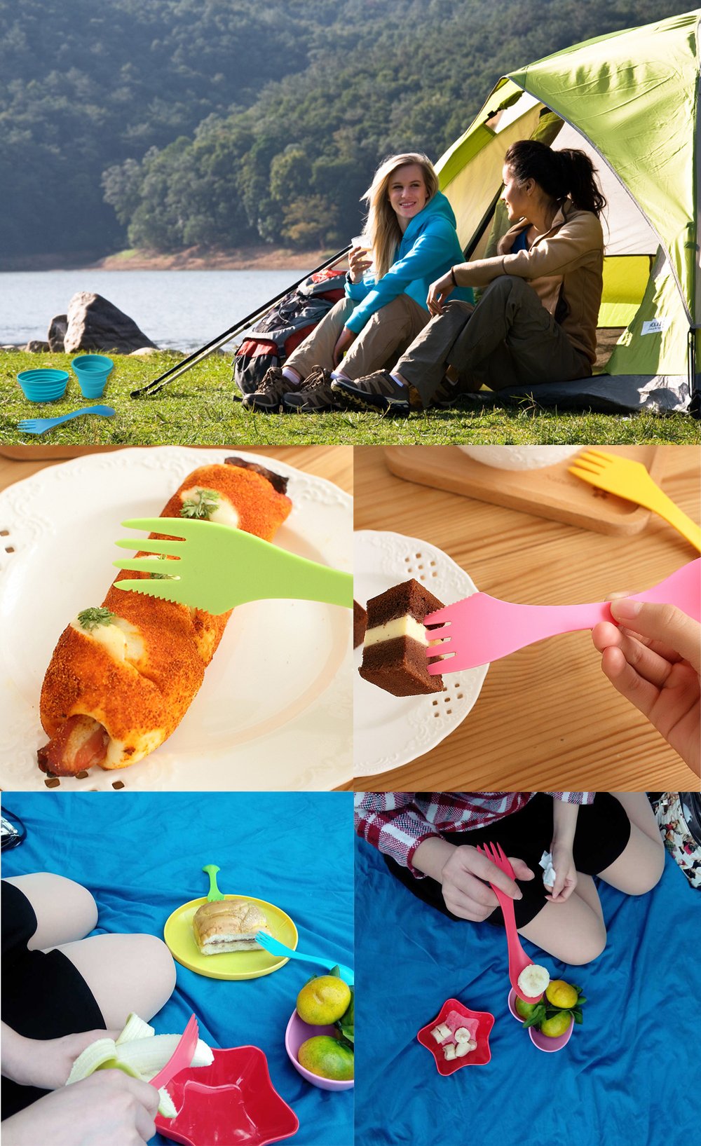 Ecoart Silicone Collapsible Bowl Cup Set with Spork for Outdoor Camping Hiking Travel - Set of 3