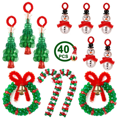 LIHAO 40PCS Christmas Crafts for Teens Boys Girls Adults, Beaded Ornament Kits to Make 10PCS Snowman/10PCS Tree/10PCS Wreath/10PCS Candy Cane Holiday Tree Decorations Craft Supplies(Assembly Needed)