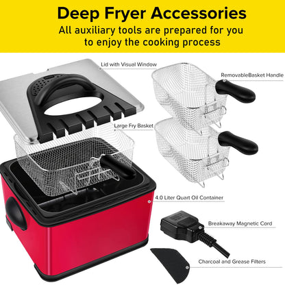 Secura 1700-Watt Stainless-Steel Triple Basket Electric Deep Fryer with Timer Free Extra Odor Filter, 4L/17-Cup, Red