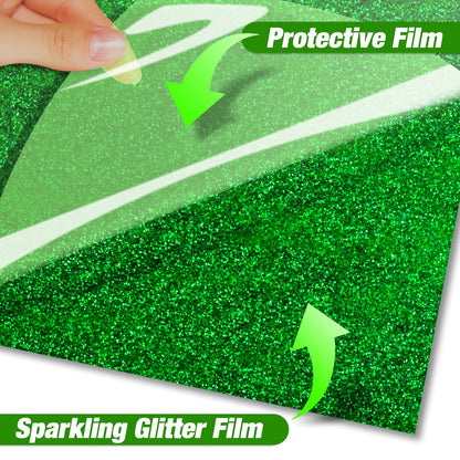 VinylRus Green Glitter HTV Heat Transfer Vinyl Roll-12 x 10ft Green Glitter HTV Vinyl for T-Shirt Clothing Bags,Glitter Iron on Vinyl for All Cutter Machine - Easy to Cut and Weed