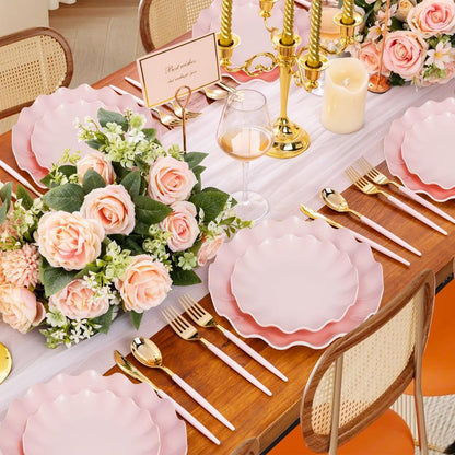 LIYH 50 Pcs Pink Plastic Plates Reusable - Durable and Dishwasher Safe Baby Shower Plates Wavy Daisy Plastic Flower Plate for Mothers Day Plates Party Wedding Birthday Picnics BPA Free (25Guests)