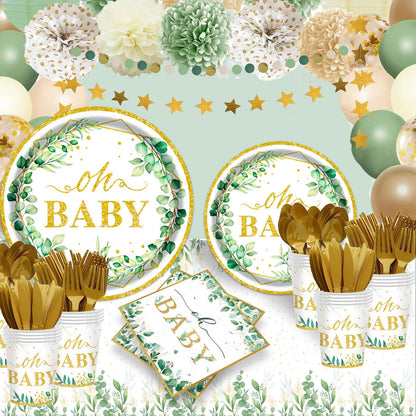 Sage Greenery Baby Shower Plates and Napkins Tableware Set - 175pcs Gender Neutral Baby Shower Decorations Oh Baby Party Supplies, Disposable Paper Plates Napkins for Baby Girl Boy Shower Decorations