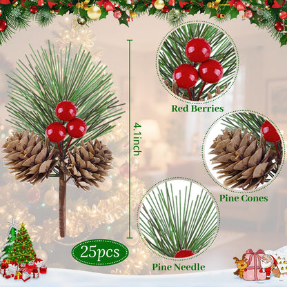 Lukinuo Artificial Berries Pine Picks 25pcs Pine Cone Holly Berry Stems for Crafts Mini Red Berries Pinecones Branches Artificial Christmas Picks and Sprays for Xmas Decor Wreath, Garland, Xmas Tree