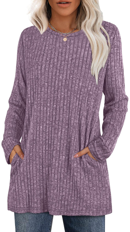 XIEERDUO Long Sleeve Shirts for Women Crewneck Tunic Tops Loose Fit Dressy Womens Sweaters with Pockets Fall Fashion 2025