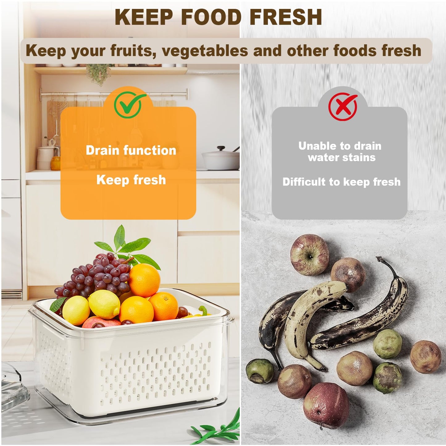 4 Pcs Fruit Storage Containers for Fridge (with Drain Basket) - Leak-Proof Food Containers, BPA-Free, Keep Fruits, Vegetables, Berries, and Meats Fresh for a Long Time, Dishwasher and Microwave Safe