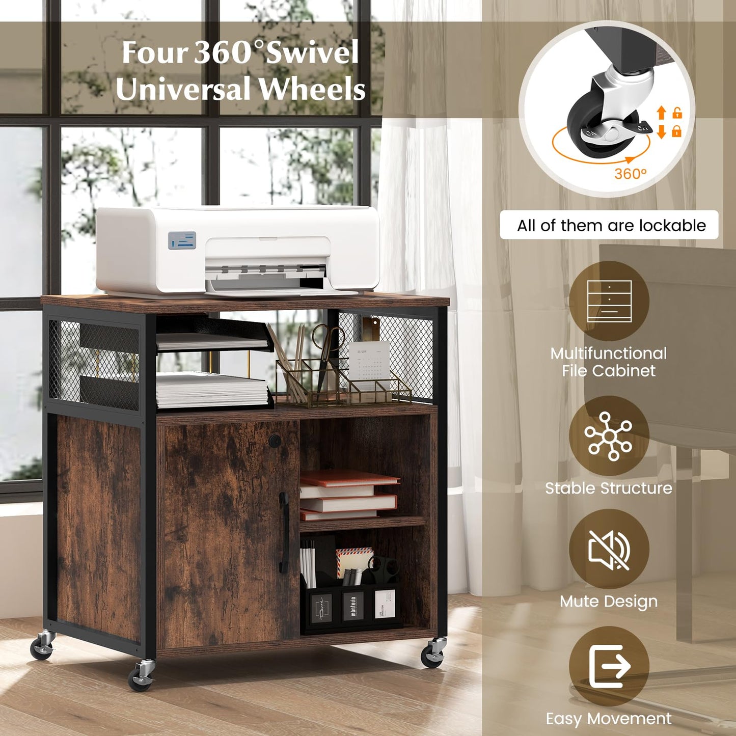 Giantex File Cabinet, Lateral Filing Cabinet with Lock, Wheels, Charging Station, Cable Hole, Lockable Side Cabinet, Adjustable Shelves, Metal Frame, Printer Stand for Home Office Small Space (Brown)