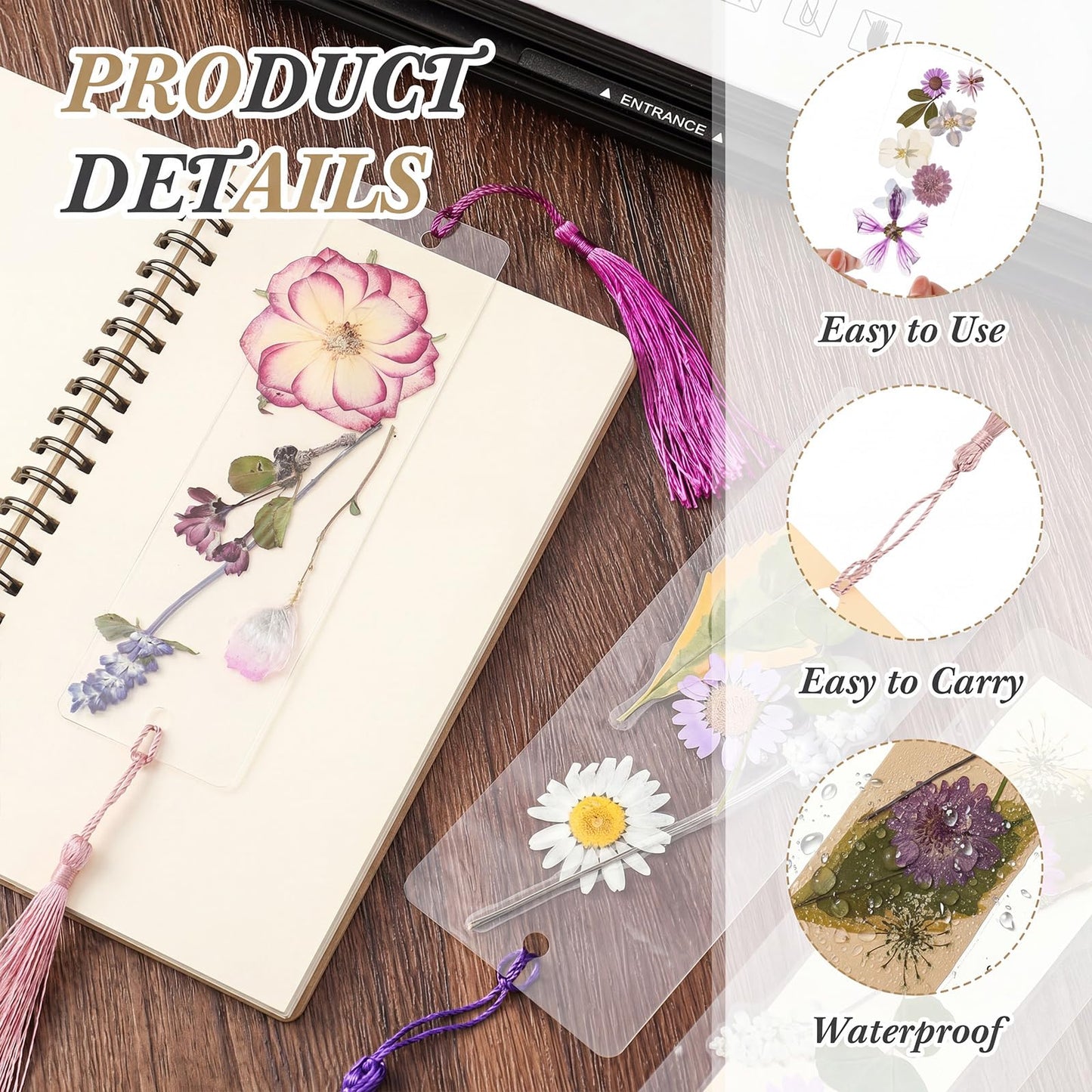Fuyoooo 176 Pcs Dried Flower Bookmark Making Kit, DIY Bookmark Laminating Pouches with Tassels and Puncher DIY Project Gifts for Women Night Out Craft Book Lovers (Purple,3 Size)