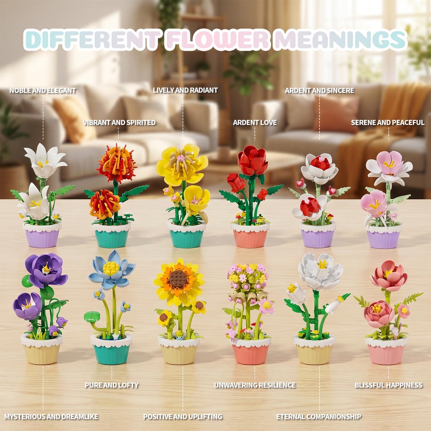 FNSJFYZS 12 Pack Flower Building Blocks, Botanicals Collection Artificial Flowers with Pots, DIY Craft Kit for Home Office Desk Decor, Unique Birthday Gifts for Adults