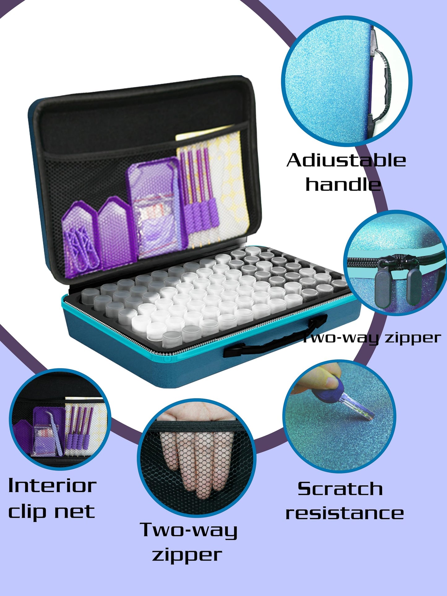 Waykape 70 Slots Sparkle Diamond Painting Storage Box, Diamond Art Tools and Accessories Organizer for 5D Diamonds, Rhinestones – Portable, Shockproof Craft Storage Container, Premium Blue Matte Case