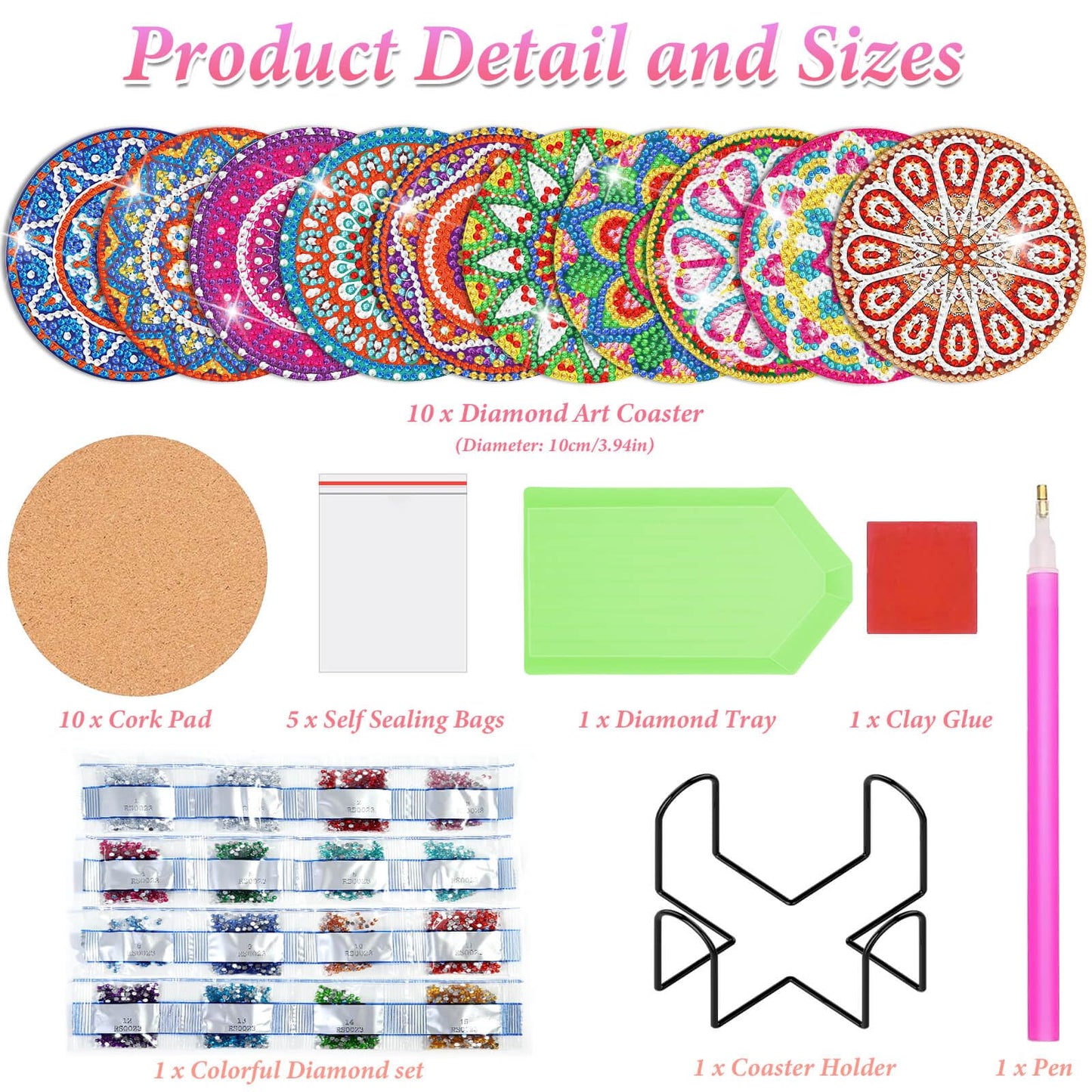 Billbotk Diamond Painting Coasters Kit, 10 Pieces Mandala Diamond Art Coasters with Holder, DIY Diamond Arts and Crafts for Adults