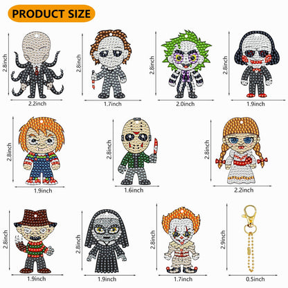 WEUOPG 10 Pcs Halloween Diamond Art Keychains, Horror Movie Diamond Painting Keychains for Crafts, Creative Festival Decoration, Double Sided Hanging Pendants for Decorations
