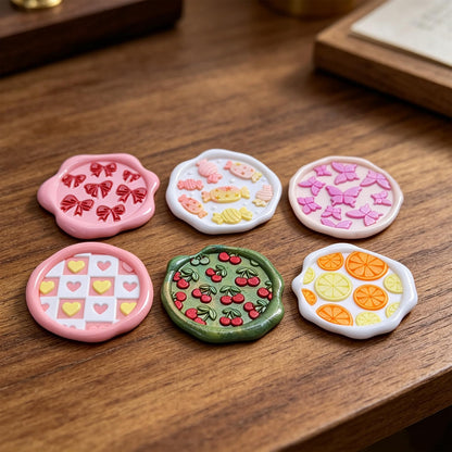 DBEFTLI 6-Piece Cute Wax Seal Stamp Set – Full-Coverage Pattern Collection with Solid Brass Heads & Wooden Handle – Kawaii Candy Cherry Butterfly Designs for Cards, Envelopes & DIY Crafts