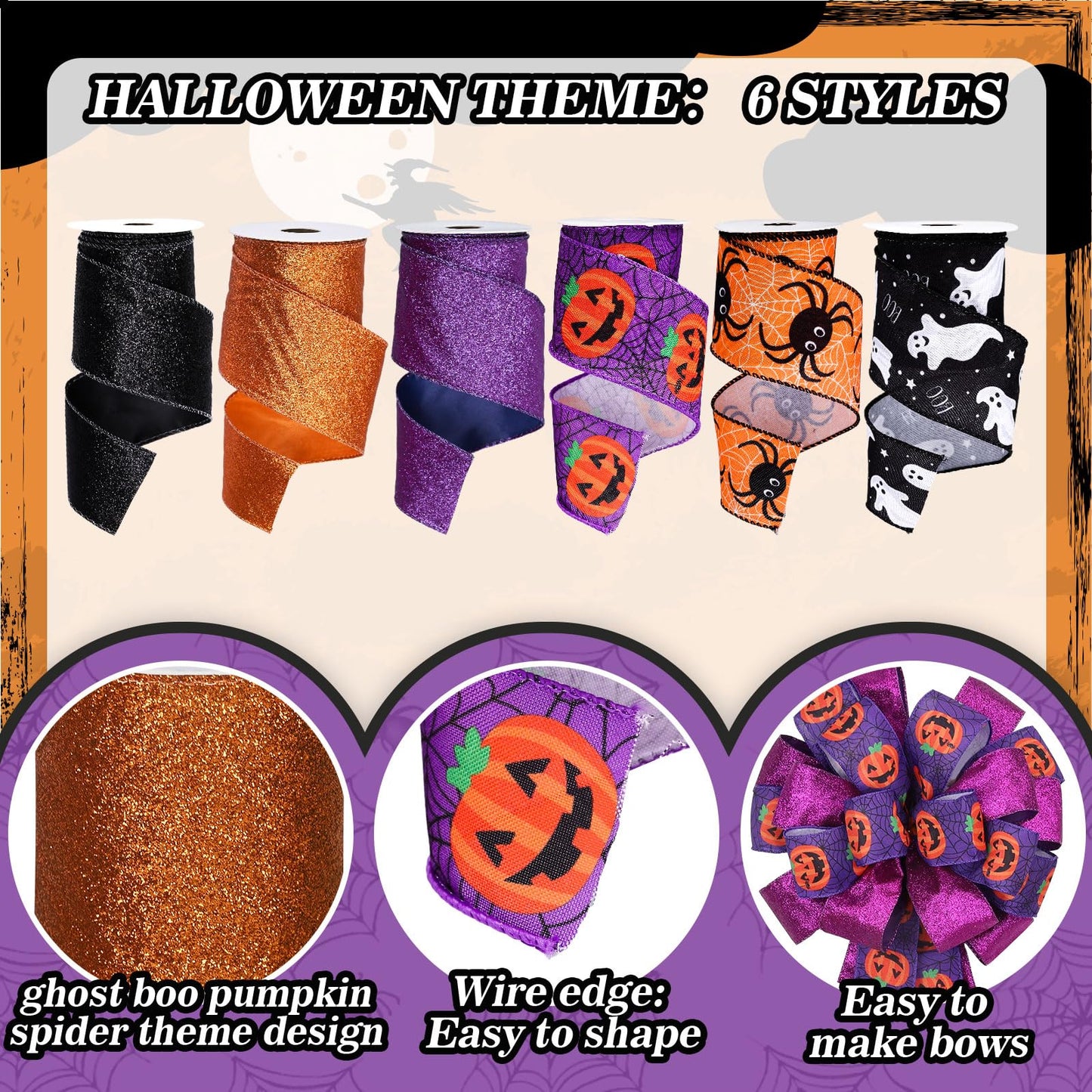 Whaline 6 Rolls Halloween Wired Edge Ribbon 2.5 Inch 30 Yards Glitter Purple Orange Black Ghost Boo Pumpkin Spider Printed Ribbon for Bow Wreath Craft Gift Wrap Party Decor