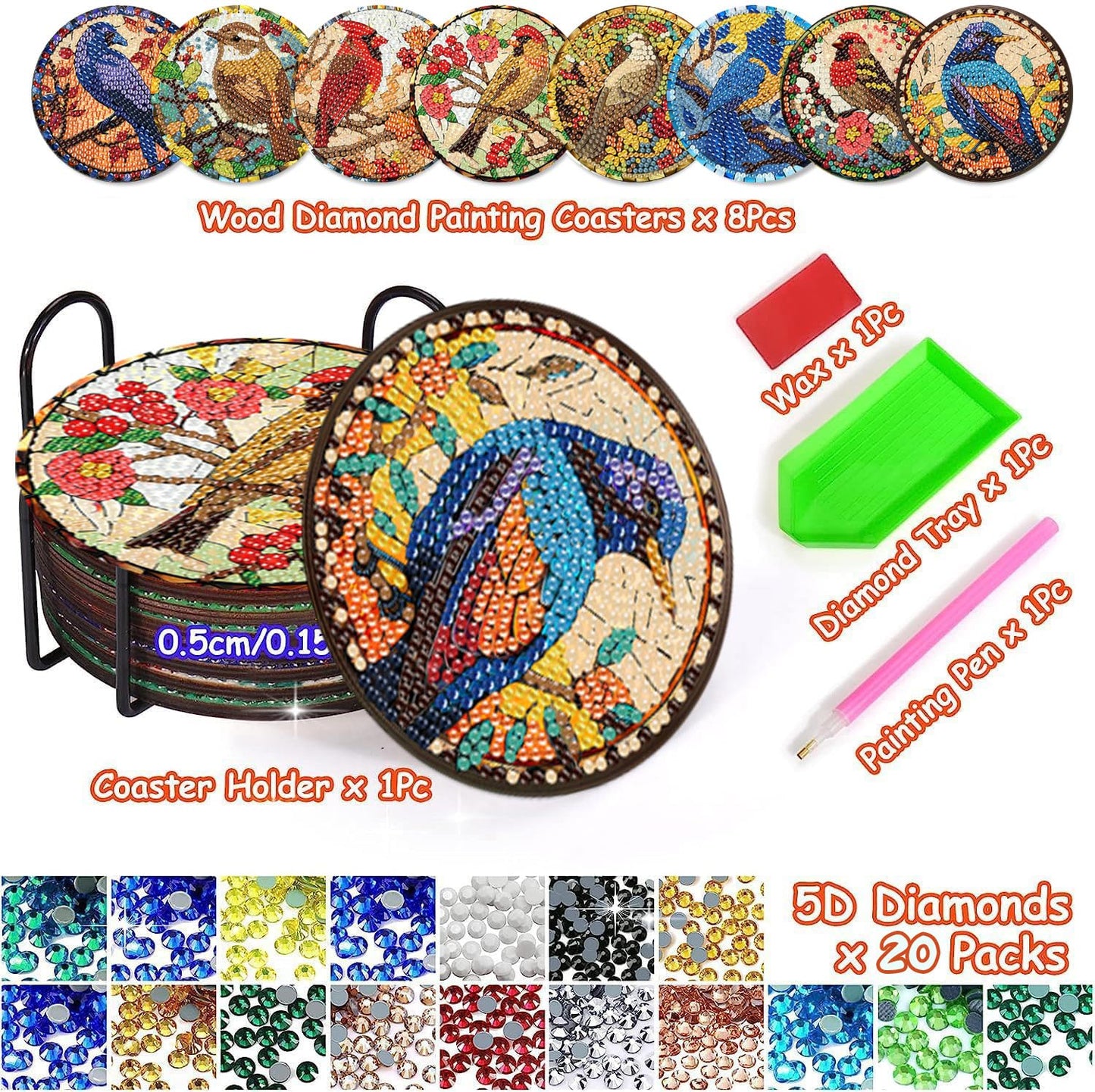 Axquilon Birds Diamond Art Coasters Kit for Adults, 8 Pcs Diamond Painting Coasters Kit with Holder, DIY Non Slip Art Supplies 4x4in