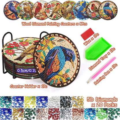 Axquilon Birds Diamond Art Coasters Kit for Adults, 8 Pcs Diamond Painting Coasters Kit with Holder, DIY Non Slip Art Supplies 4x4in