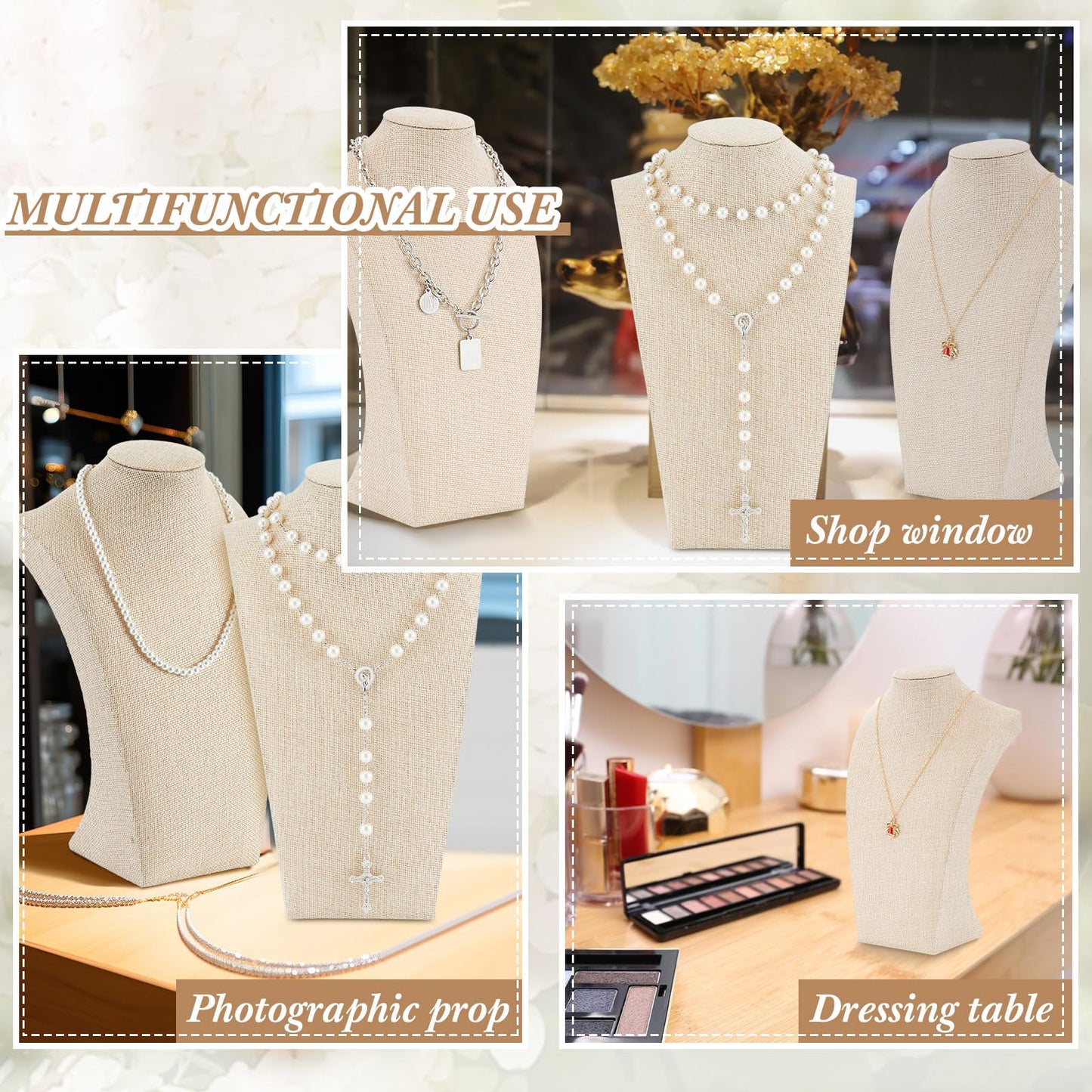 Kigley 3 Pcs Linen Jewelry Display Bust Necklace Display Stand Necklace Mannequin Holder for Jewelry Selling Trade Shows(Beige,11.42 x 6.89 Inch)