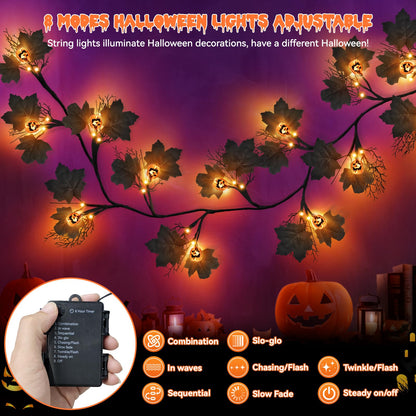 6 FT 54 LED Halloween Lights, 8 Modes & Timer Battery Operated Halloween Pumpkins Lights with Willow Vine Twig Garland, 3D Waterproof Decorations Lights for Home Indoor Wall Fireplace Mantle Party