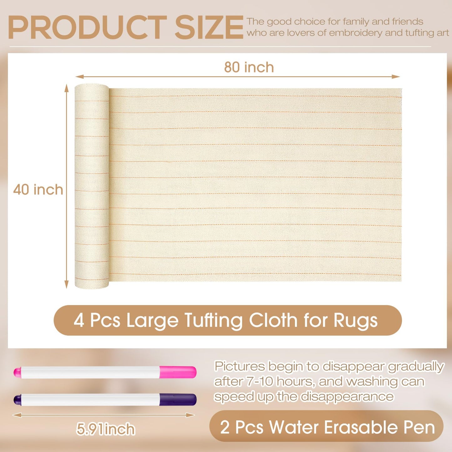 Tudomro 4 Pieces Primary Tufting Cloth 80'' x 40" Large Monks Cloth with Marked Lines Punch Needle Fabric with 2 Pcs Water Erasable Pen for Punch Needle DIY Rug