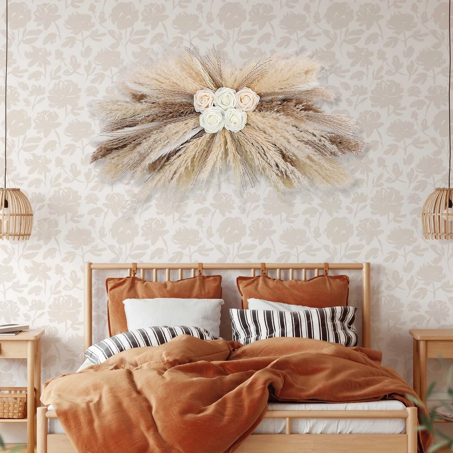 36-38" Large Pampas Grass Wall Decor, DIY Artificial Roses & Natural Dried Boho Hanging Flowers for Wall, Mirror, Wedding Arch, Entryway Decor, Gift, Requires Assembly & Easy Install