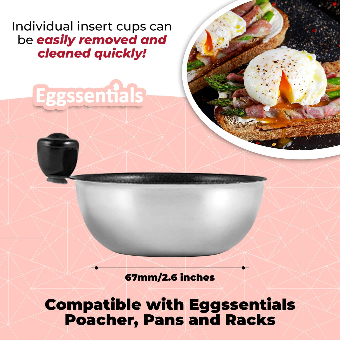 Eggssentials Egg Poacher Replacement Spare Stainless Steel 68mm in Diameter Anti-Stick PFOA Free Individual Removable Poaching Cups (6)