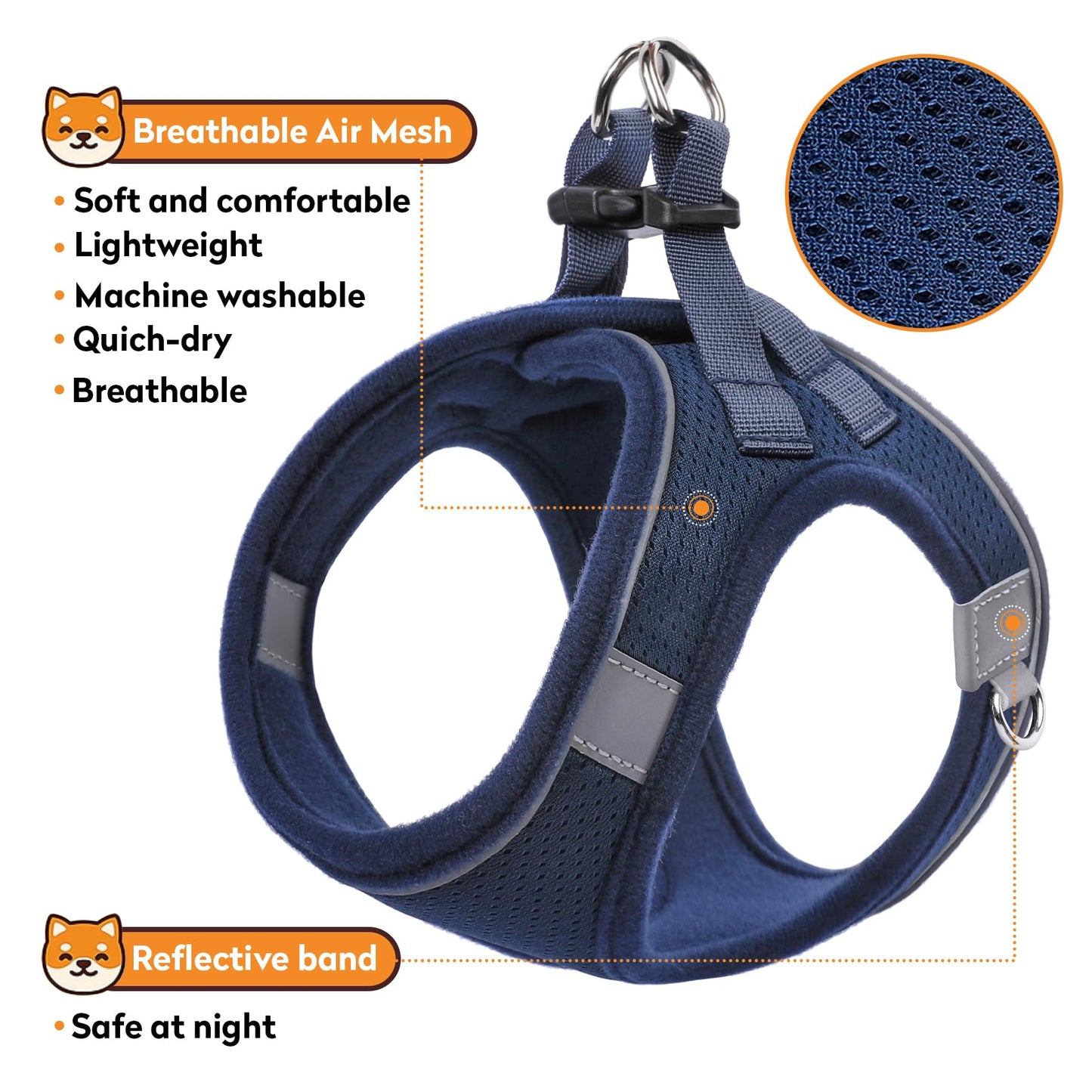 PWOD Dog Harness with Leash Set, No-Pull Step-in Reflective Pet Harness with 1 Leash Clips, Adjustable Soft Padded Easy Walk Dog Vest for Small Medium Large Dogs, Cats(Dark Blue, Large)