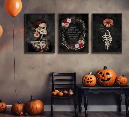YCXDMJ 3Pcs Gothic Floral Skull Canvas Wall Art Unframed