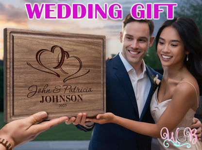 Personalized Cutting Board, Custom Wedding, Anniversary or Housewarming Gift Idea, Wood Engraved Charcuterie, for Newlyweds and Couples, Two Hearts Design 027