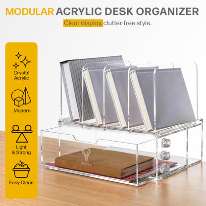 Acrylic Desk Organizer with Drawer and Cable Holders, Clear Acrylic Desktop Organizer with 4 Vertical Compartments, Sturdy Office & Home Desk Storage – ORDIXA