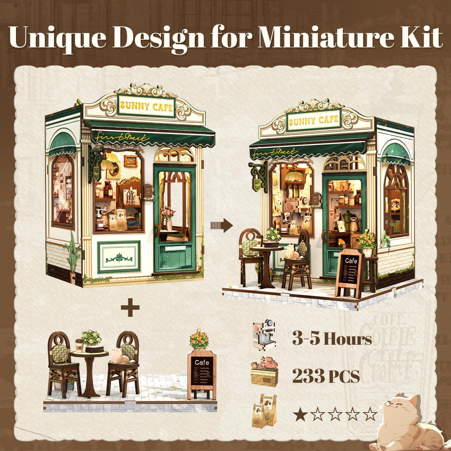 Fsolis Book Nook Kit - 3D Wooden Puzzles for Adults DIY Miniature Coffee House Booknook Gifts for Women Puzzle Lovers (Sunny Cafe)