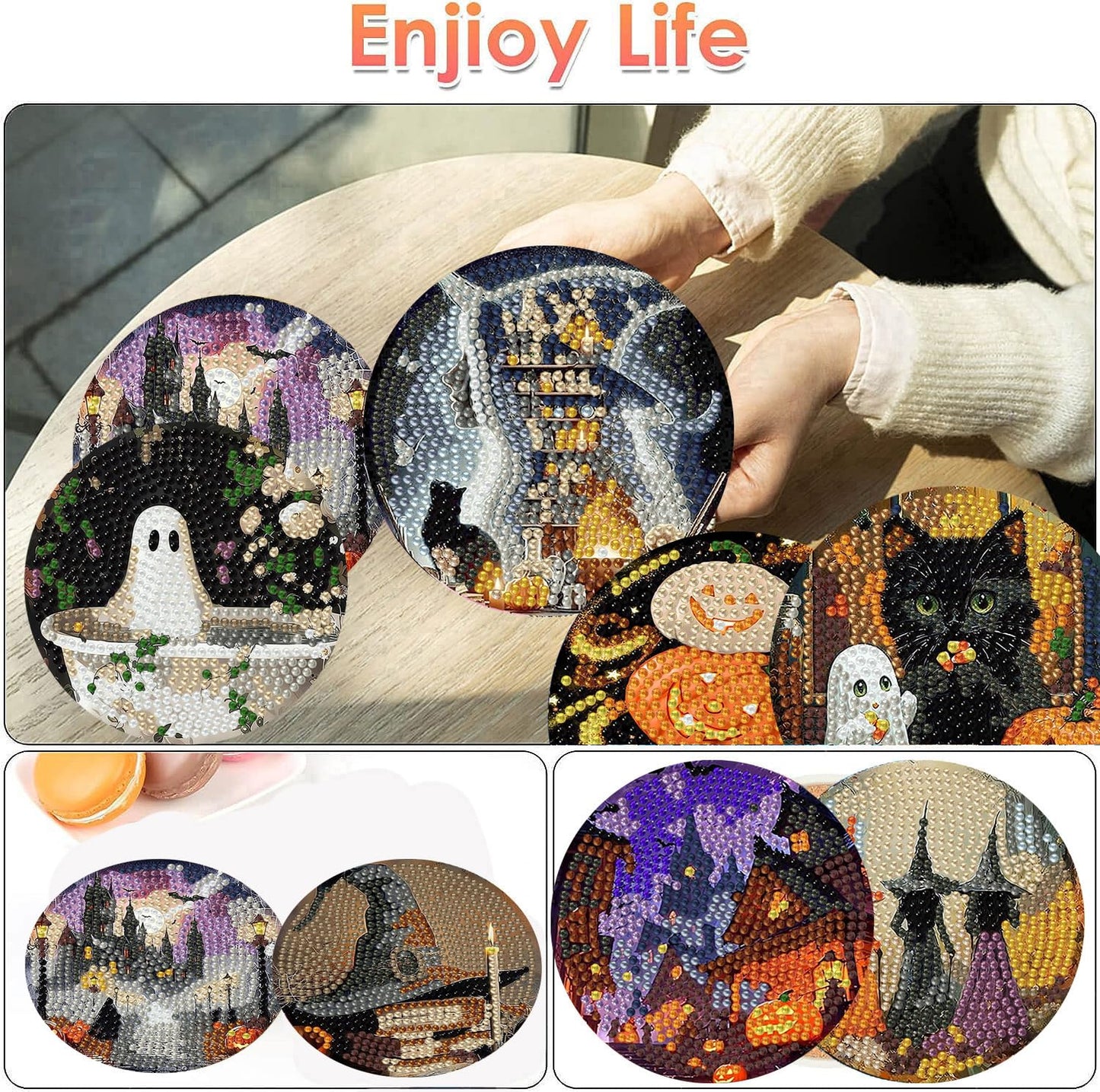 ijbnhd 8 Pack Halloween Diamond Art Coasters Kits, Halloween Diamond Painting Coasters Kit with Holder, DIY Diamonds Art Non Slip Coaster Crafts Kits for Adults Gifts 4x4 inch (Cork Wooden Pad)