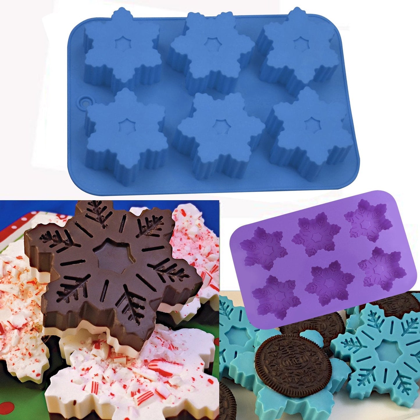 Silicone Snowflake Molds, FineGood 2 Pack Cake Pans Cookie Trays Handmade Soap Making Moulds, Also for Chocolate Pudding Jelly Muffin Cups Kitchen Baking Decoration, 6-Cavity - Blue, Purple