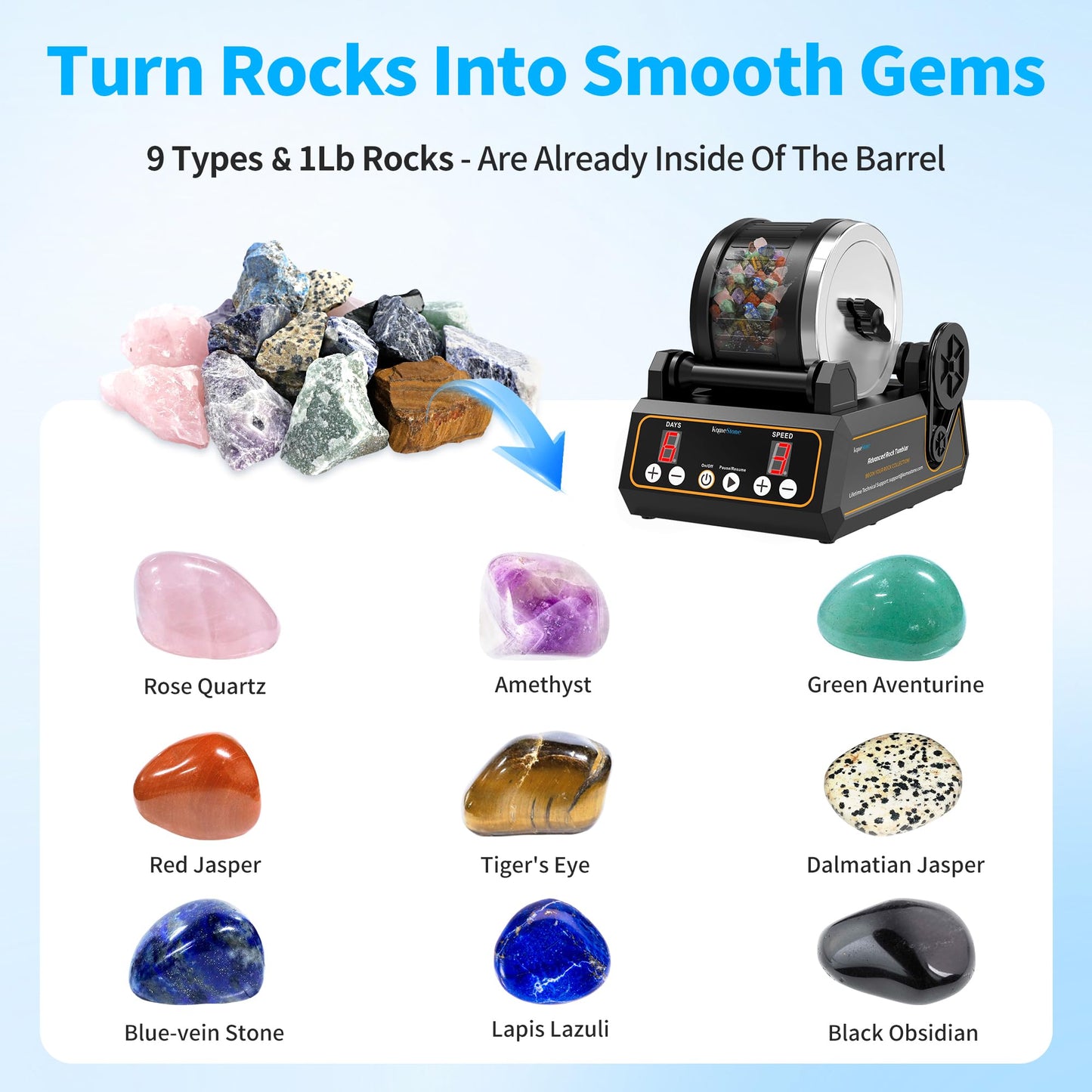 K1 Rock Tumbler Kit – Reliable Rotary Rock Polisher for Adults, Beginners & Hobbyists, 2.5LB Quiet Rubber Barrel with 3 Speeds, 9-Day Timer & Memory Function, Full Accessories Included, Ideal Gift