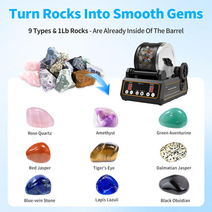 K1 Rock Tumbler Kit – Reliable Rotary Rock Polisher for Adults, Beginners & Hobbyists, 2.5LB Quiet Rubber Barrel with 3 Speeds, 9-Day Timer & Memory Function, Full Accessories Included, Ideal Gift