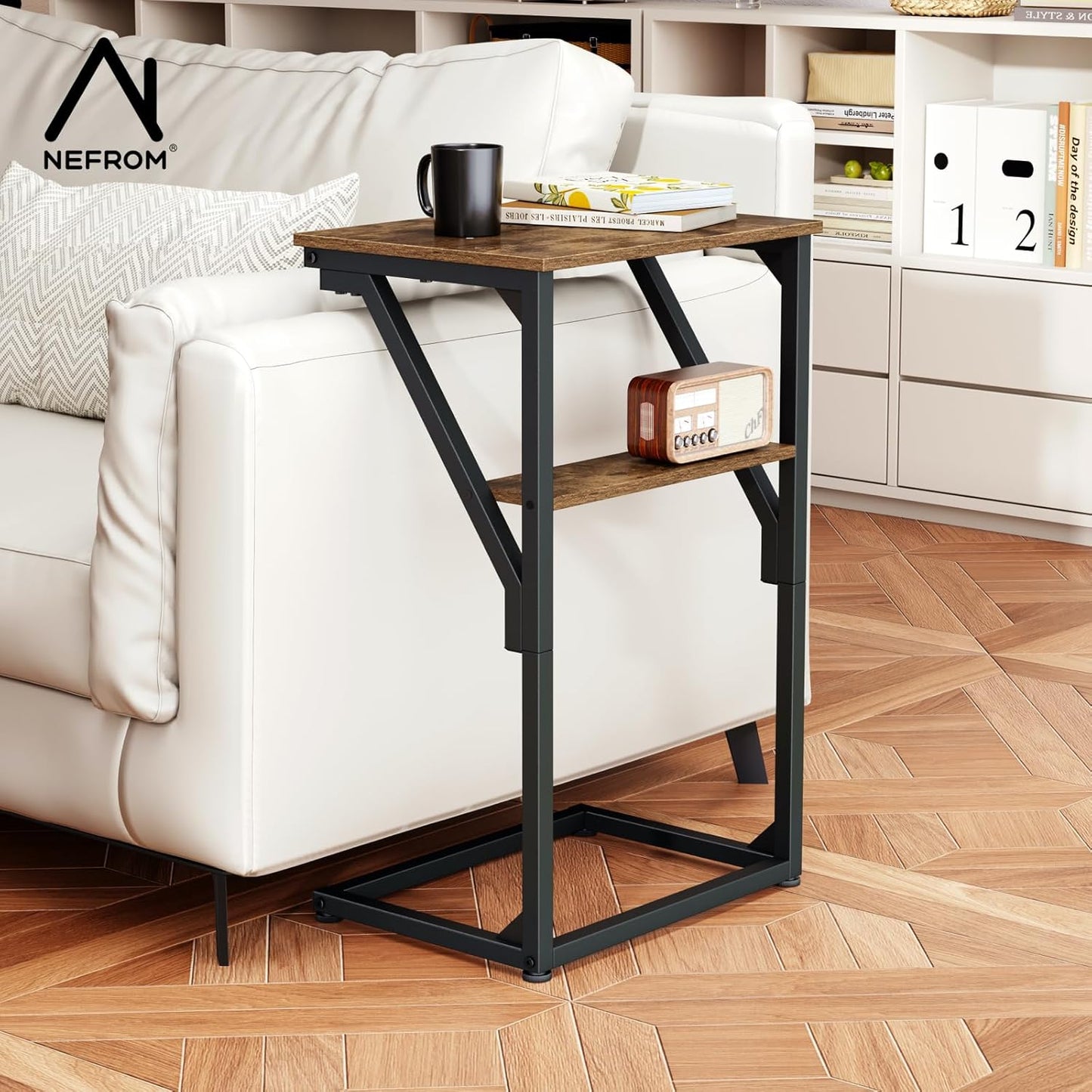 NEFROM ET-D-BRW1 C-Shaped End Table, Small Couch Side Table, Sofa TV Tray Table for Living Room, Bedroom, Bedside