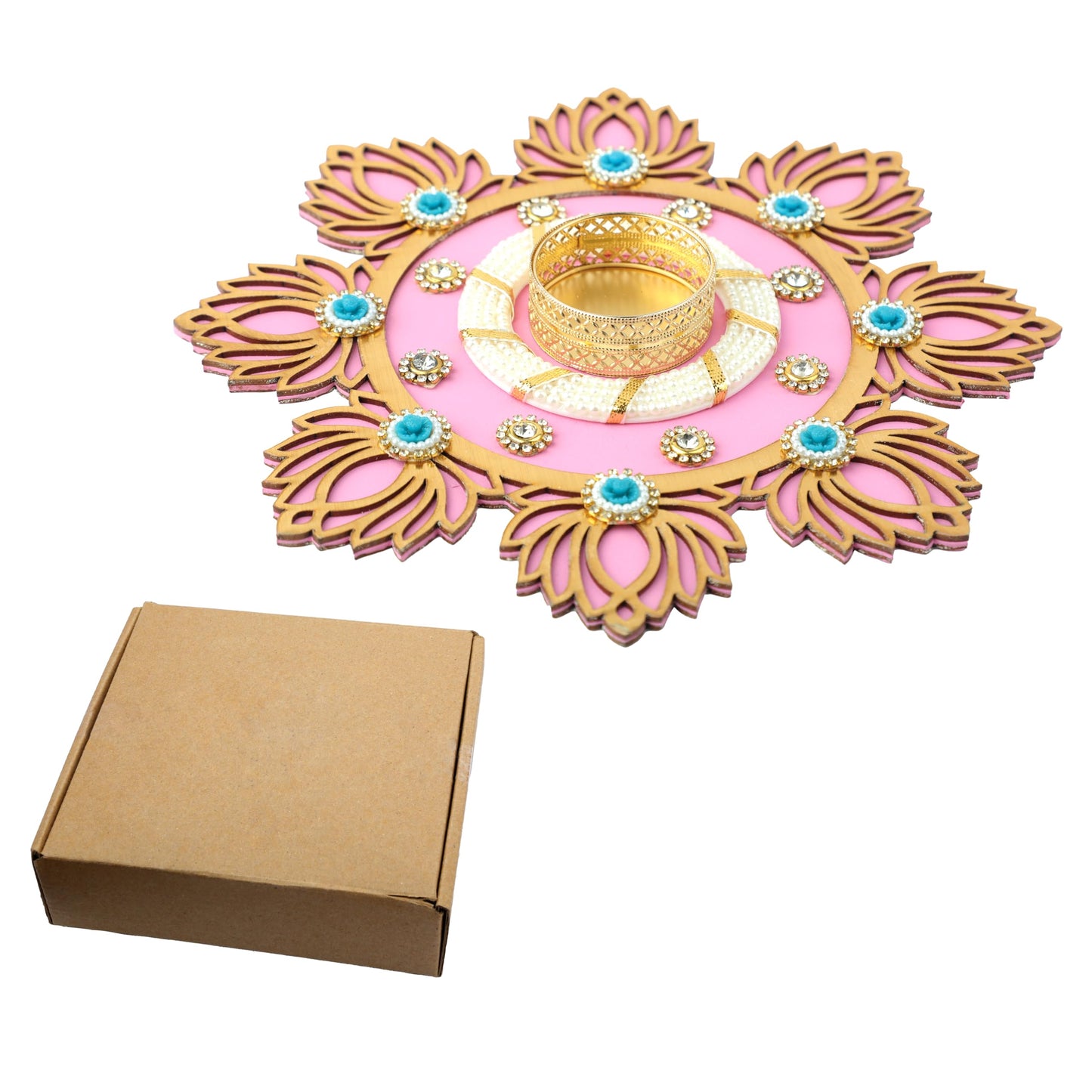 Aditri Creation Decorative MDF Lotus Rangoli with T-Light Candle Holder Stand for Indian Cultural Festival Gifts Made up of Golden Embroideries New Year Gifting Idea Home Decor(Size:-8")(Light Pink)