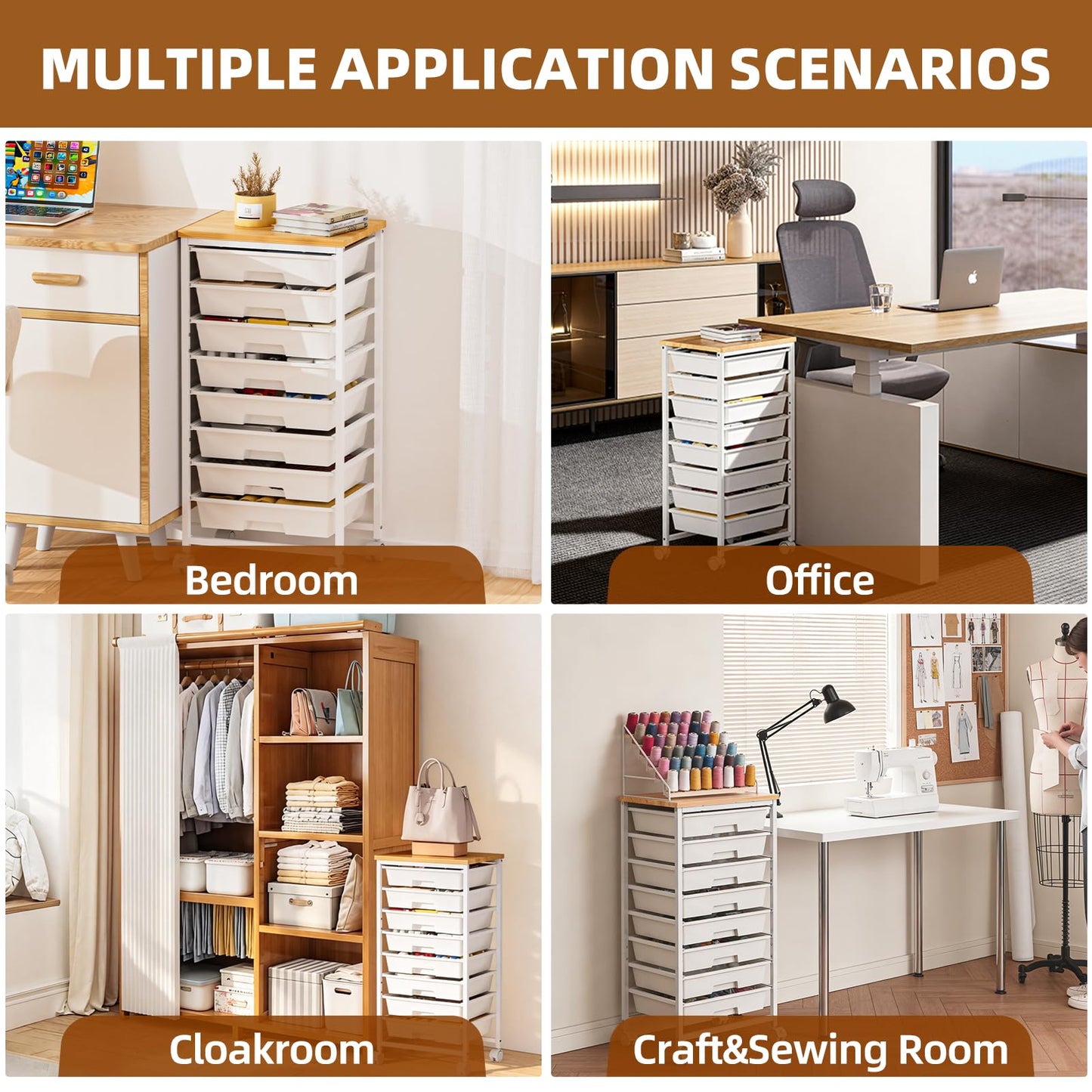 OUKMIC Rolling Storage Cart with 8 Drawers, Utility Cart with Wooden Tabletop and Lockable Wheels, Movable Craft Cart, Craft Storage Organizer for Living Room, Bedroom, Classroom, Office, White
