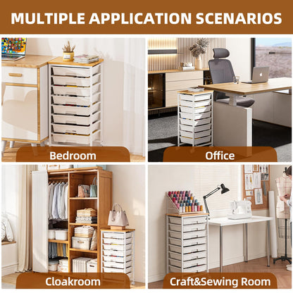 OUKMIC Rolling Storage Cart with 8 Drawers, Utility Cart with Wooden Tabletop and Lockable Wheels, Movable Craft Cart, Craft Storage Organizer for Living Room, Bedroom, Classroom, Office, White