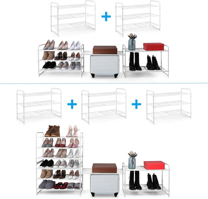 3-Tier Simple Trending Stackable Shoe Rack, Expandable & Adjustable Shoe Shelf Storage Organizer, Wire Grid, White