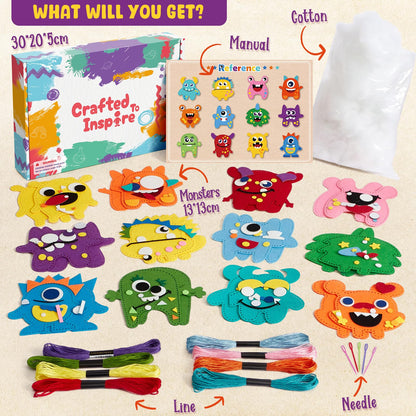 TUZT My First Sewing Kit for Kids - Monster Sewing Craft Kit for Beginners with 12 Pre-Cut Monster Plush Toys, Scissor, Plastic Needles & Thread, DIY Felt Crafts Project for Girls & Boys Ages 4-12