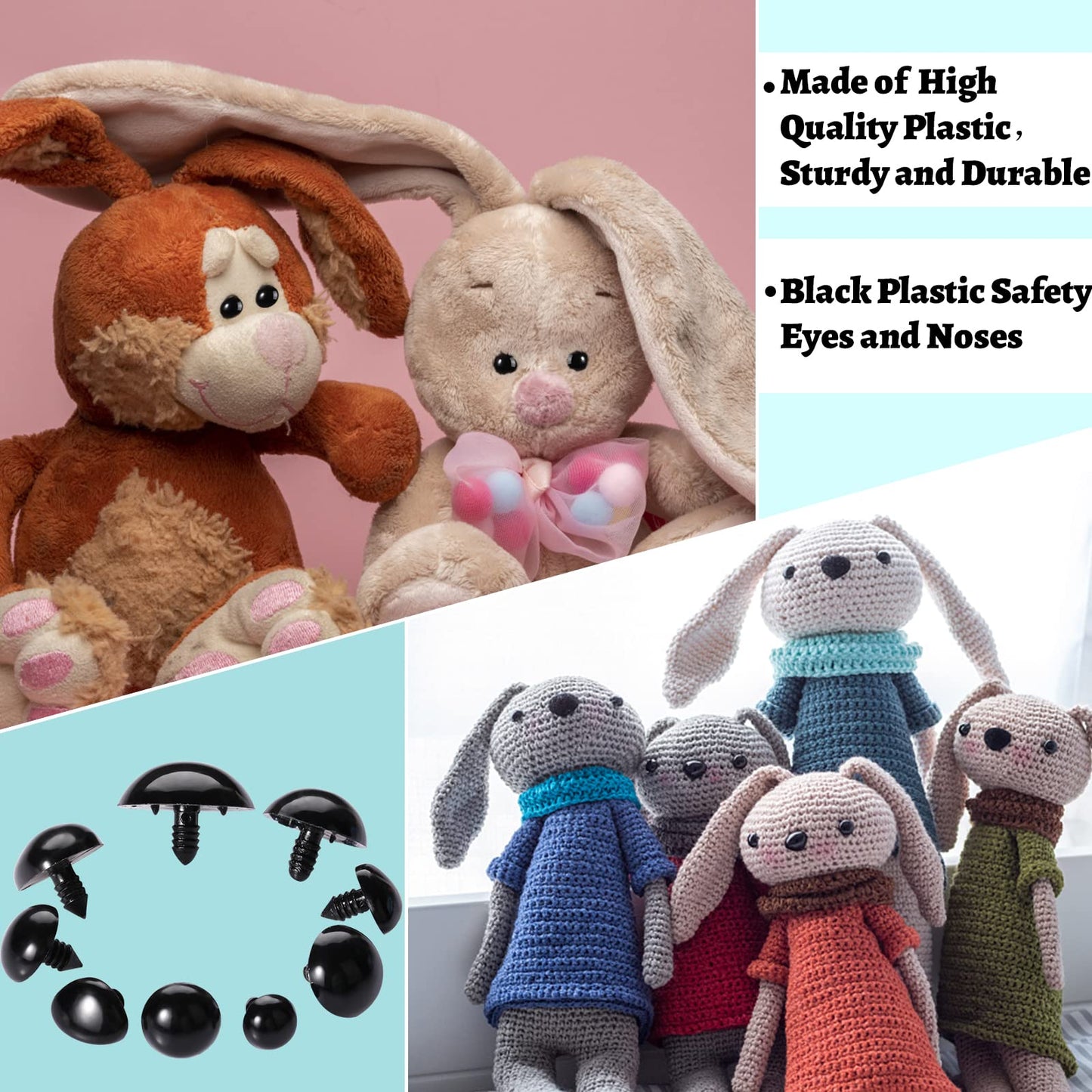 L-Lweik 360 Pcs Large Plastic Safety Eyes and Noses 12-30mm Assorted Sizes with Washers for Crochet Big Stuffed Animals Needle Felting Crafts Dolls DIY, Black