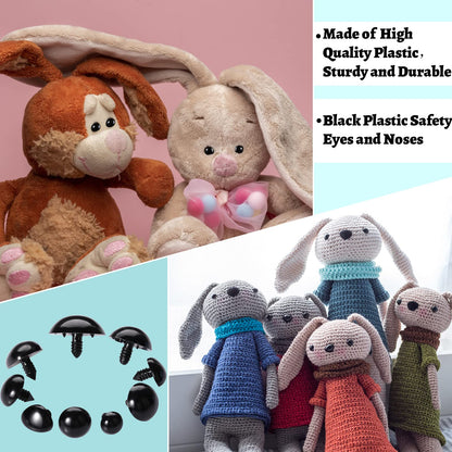 L-Lweik 360 Pcs Large Plastic Safety Eyes and Noses 12-30mm Assorted Sizes with Washers for Crochet Big Stuffed Animals Needle Felting Crafts Dolls DIY, Black