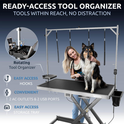 KANIS Professional Electric Dog Grooming Table - Heavy Duty, Height Adjustable Pet Grooming Table w/Leveling Wheels, Dog Grooming Arm, Anti-Slip Tabletop & Tool Organizer (Grey, 49")