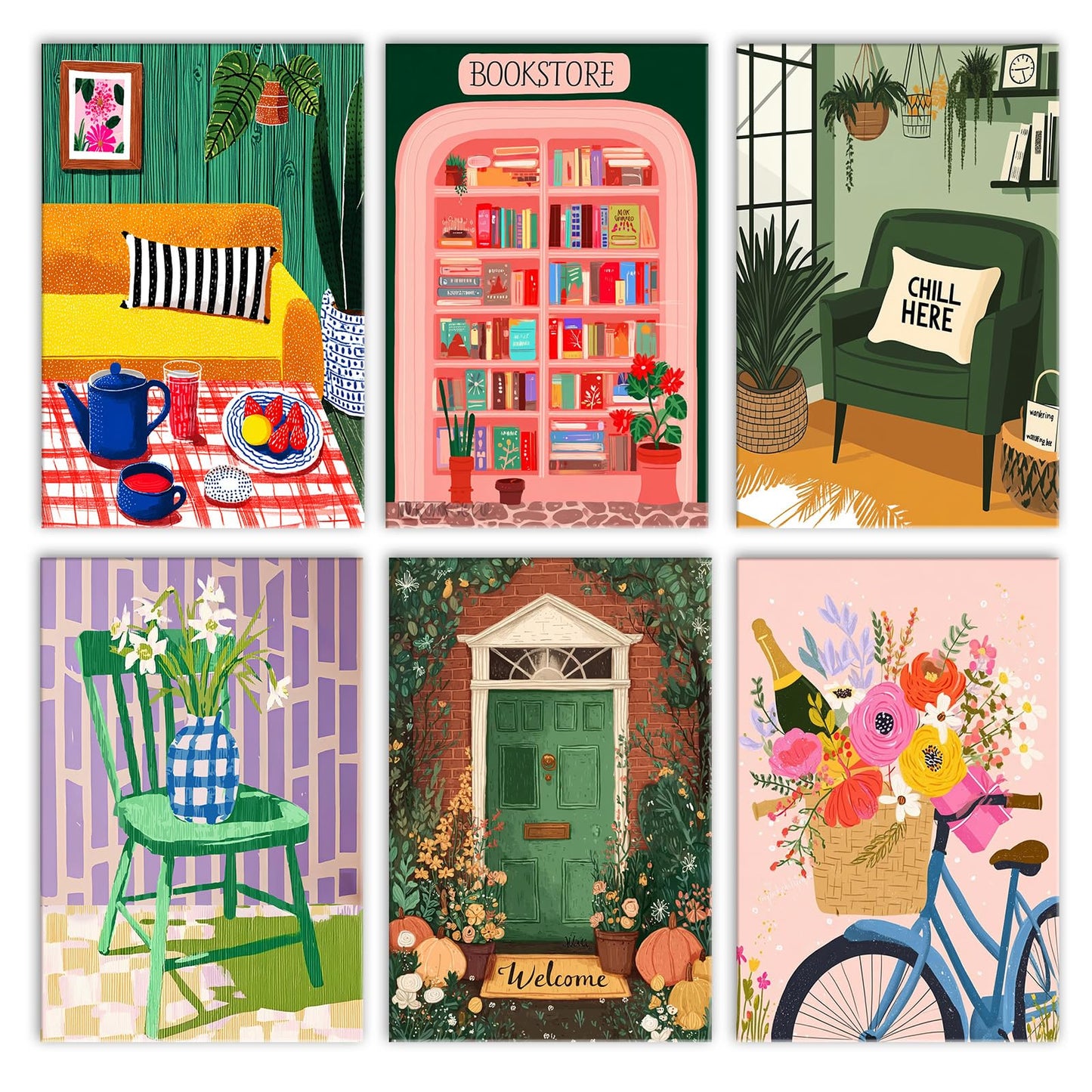 Tucocoo 6 Pack Cozy Scenery Paint by Numbers Kits for Adults 8x12 inch Room Porch Bookstore Bike Flowers Scence Painting Easy Acrylic Paint by Number DIY Oil Acrylic Pigment Drawing Paintwork