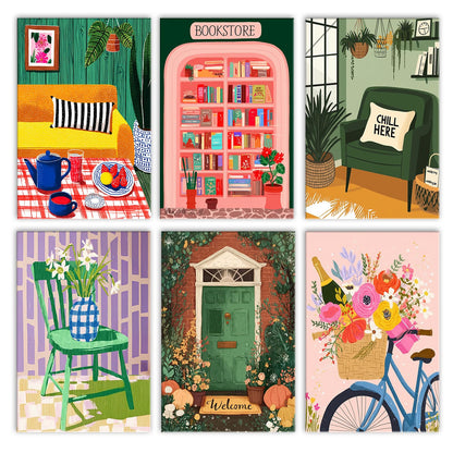 Tucocoo 6 Pack Cozy Scenery Paint by Numbers Kits for Adults 8x12 inch Room Porch Bookstore Bike Flowers Scence Painting Easy Acrylic Paint by Number DIY Oil Acrylic Pigment Drawing Paintwork